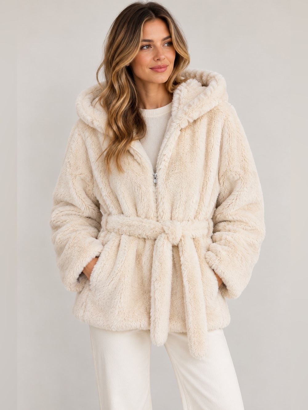 Moon River Cream Faux Fur Hooded Belted Jacket Coat Size S